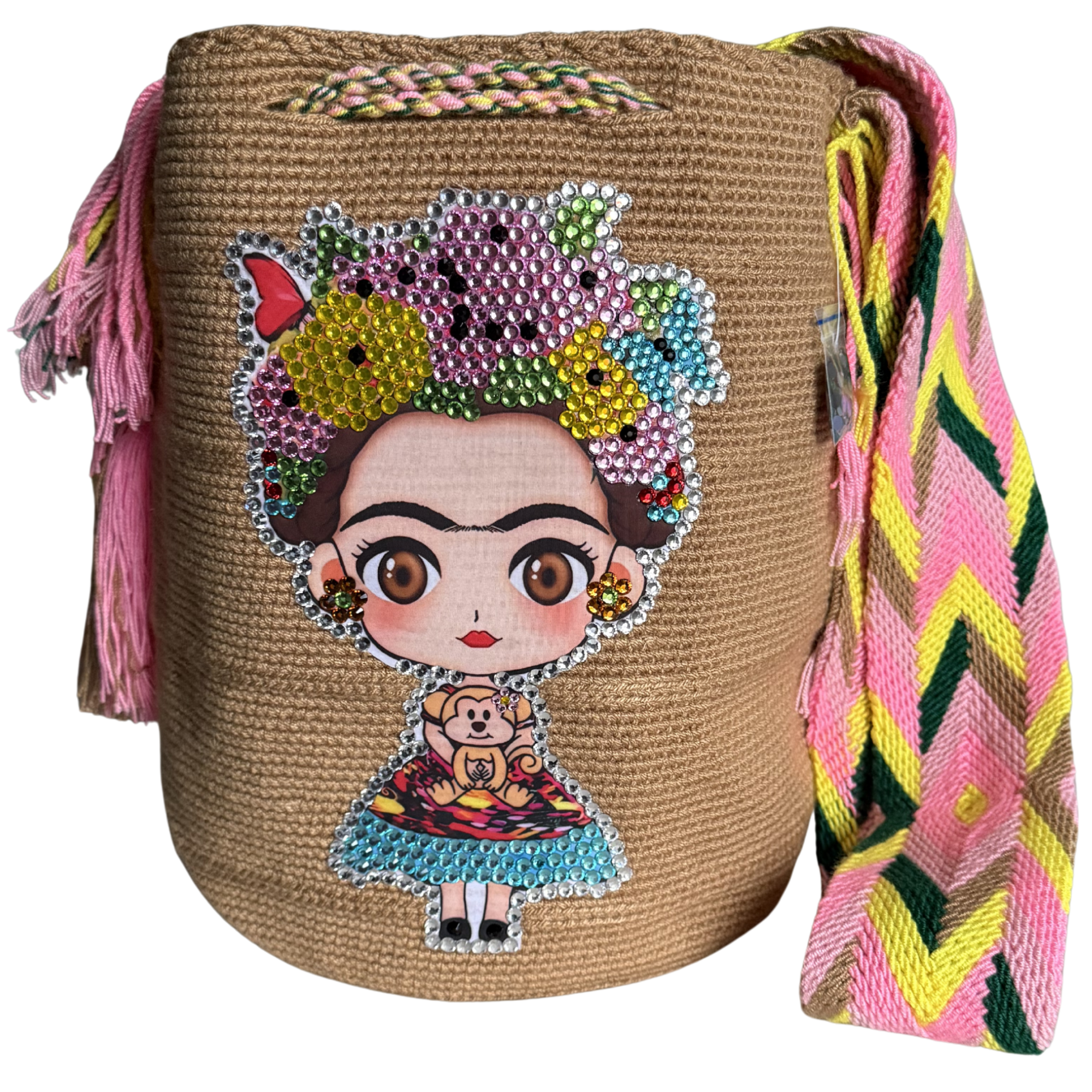Handmade Crochet Girl Portrait Bag with Stonefix – Black Artisan Crossbody Mochila