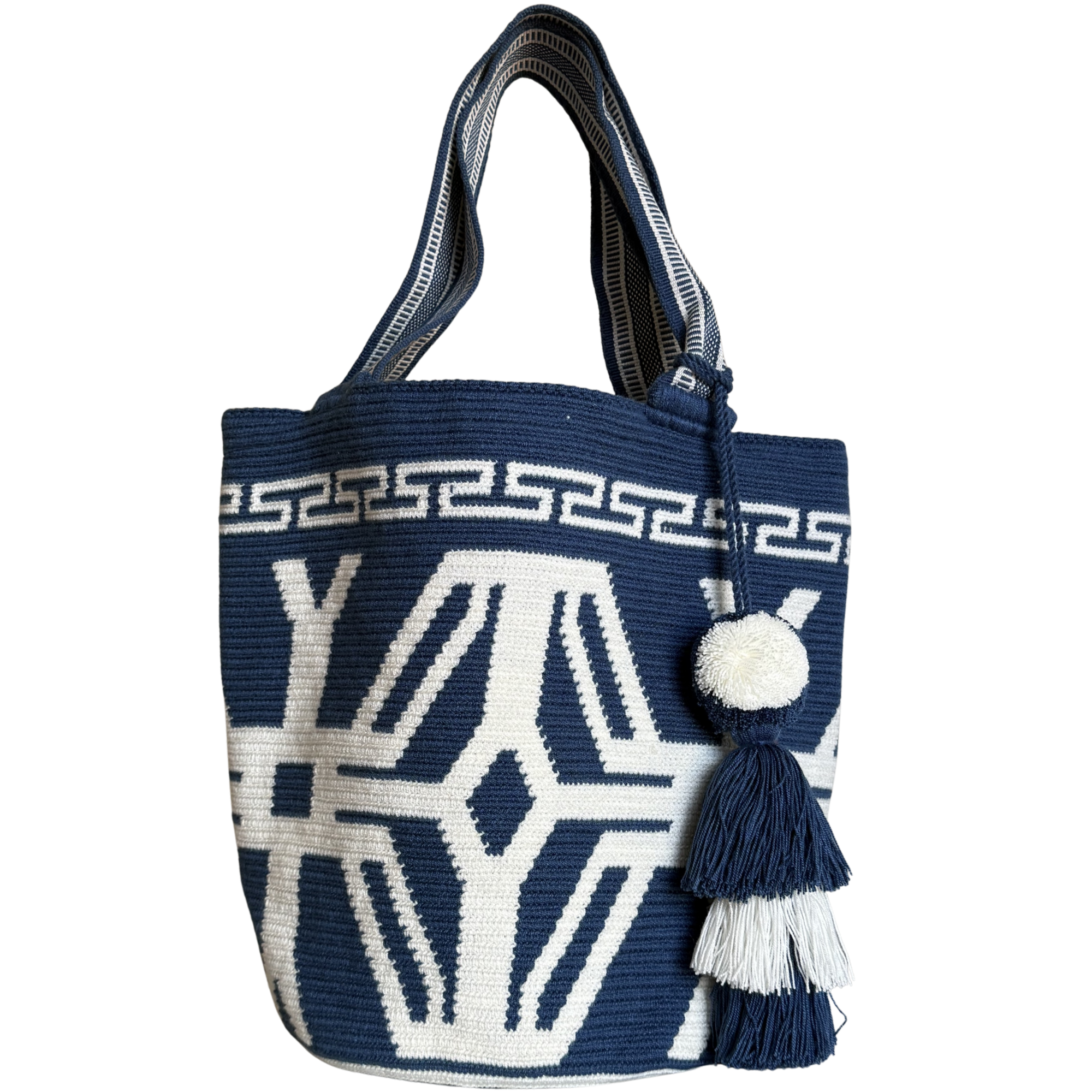 Handmade Wayuu Mochilón Tote – Navy Blue & White Geometric Bag, Artisan Shoulder Tote