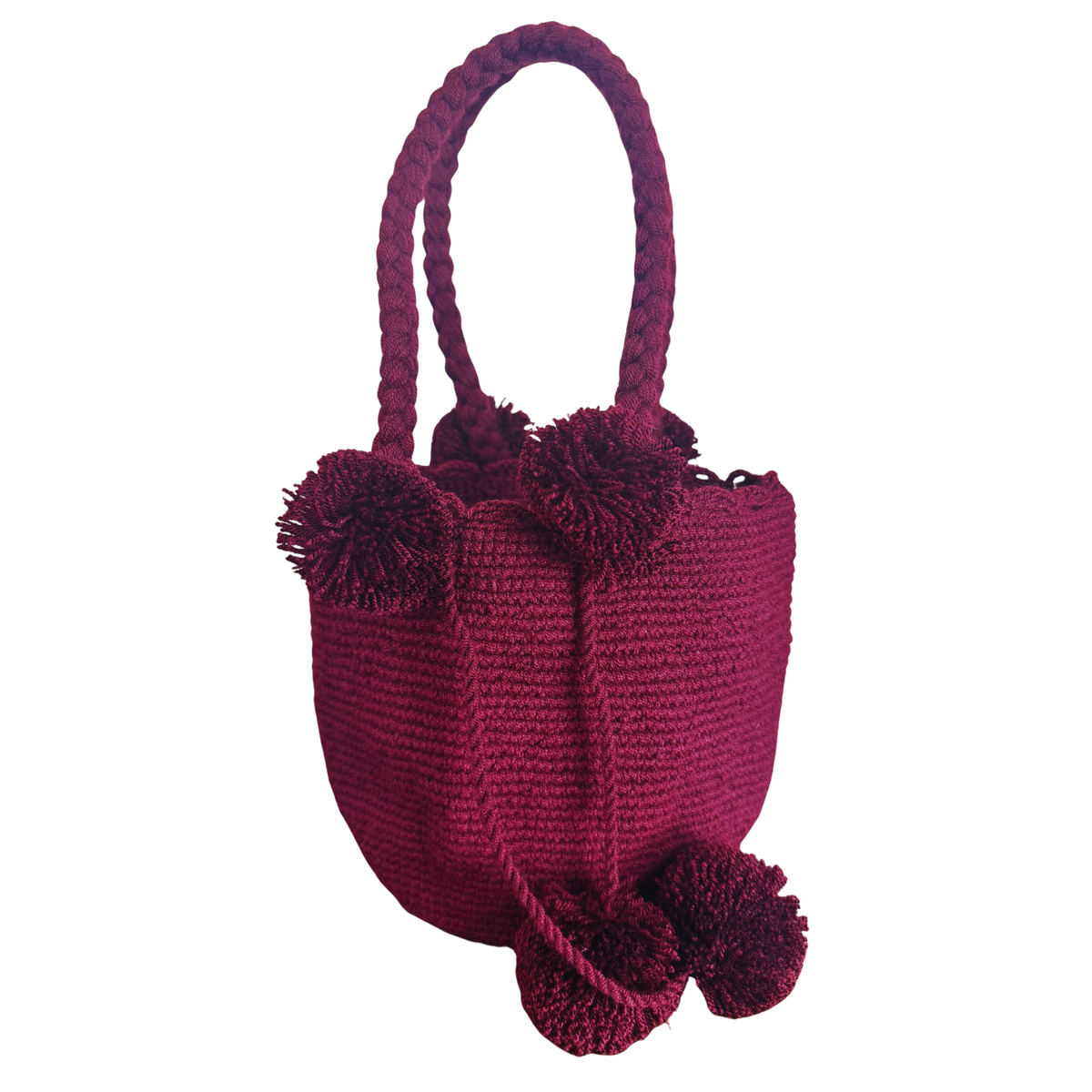 Handmade Wayuu Luxury Tote Bag – Solid Color Crochet Shoulder Bag with Pom Poms | Heritage Collection