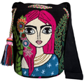 Handmade Wayuu Crossbody Bag – Pink Hair Woman Portrait, Floral Artisan Shoulder Bag