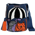 Handmade Wayuu Animal Story Bag – Cat & Dog Under Umbrella, Navy Blue Mochila Crossbody