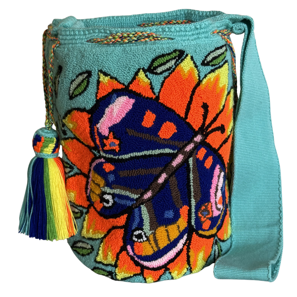 Handmade Butterfly Bloom Wayuu Bag – Turquoise Artisan Crochet Crossbody Mochila with Floral Butterfly Design