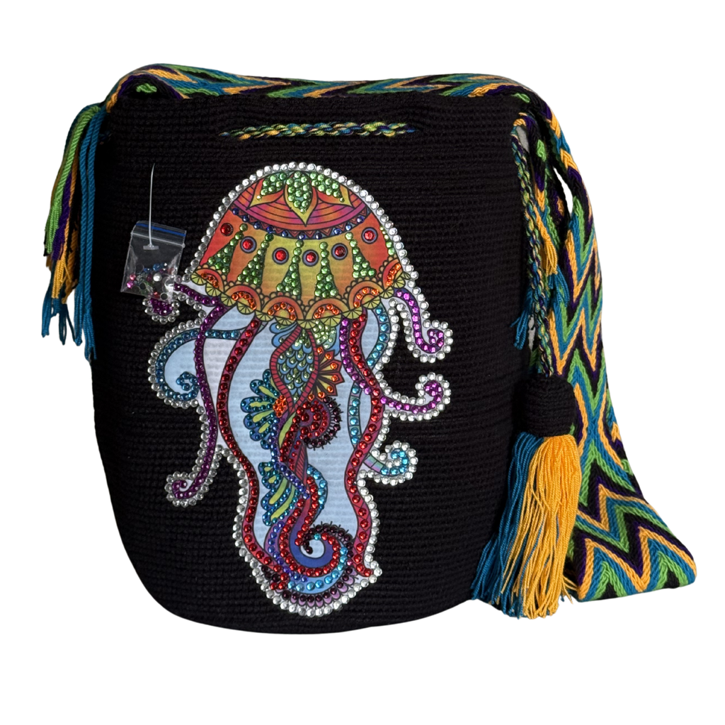 Handmade Crochet Jellyfish Bag with Stonefix – Black Artisan Crossbody Mochila