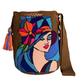 Handmade Wayuu Crossbody Bag – Floral Portrait in Brown, Artistic Boho Shoulder Bag