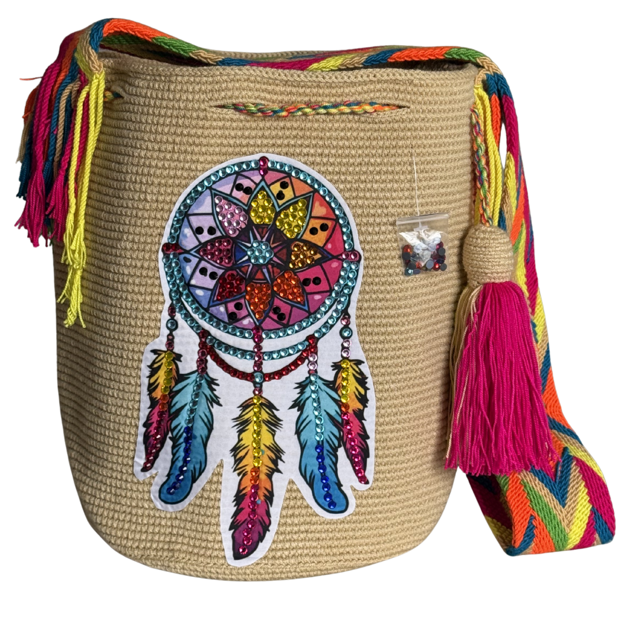 Beaded Dreamcatcher Wayuu Crossbody Bag – Handmade Crochet Bucket Purse