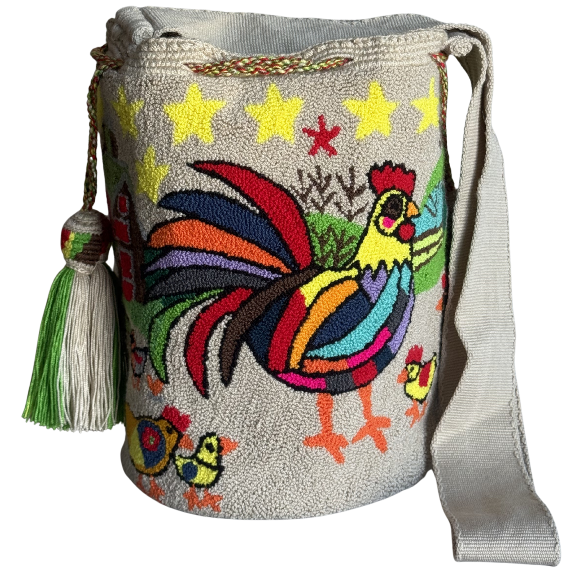 Handmade Rooster Wayuu Bag – Colorful Folk Art Crochet Crossbody Mochila