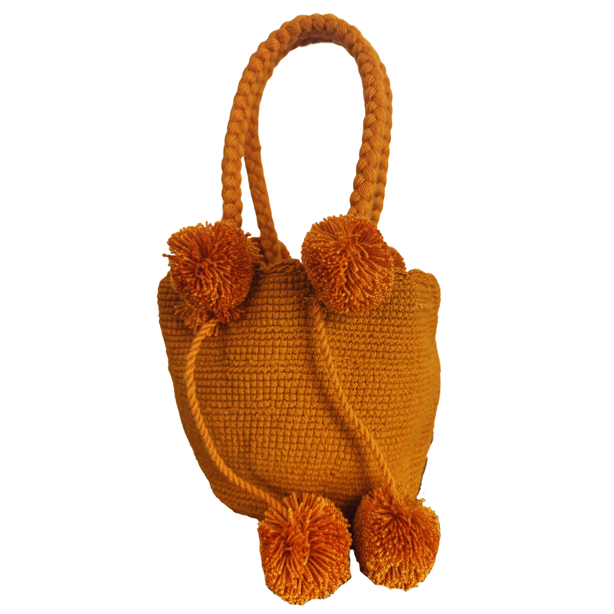 Handmade Wayuu Luxury Tote Bag – Solid Color Crochet Shoulder Bag with Pom Poms | Heritage Collection