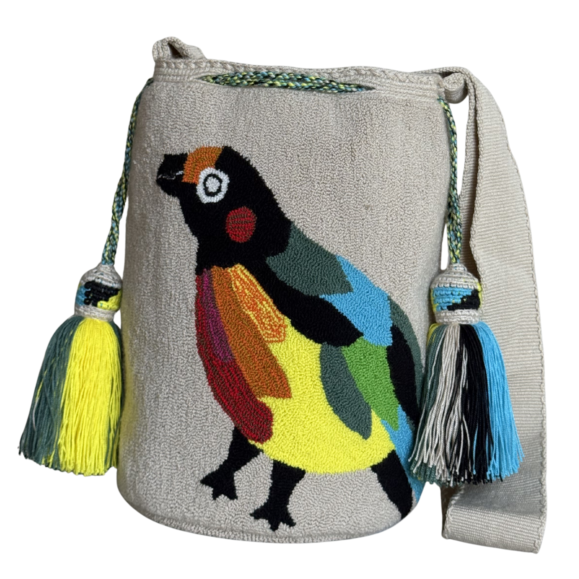 Handmade Wayuu Bird Bag – Ivory Mochila Crossbody, Artistic Night-Inspired Design.