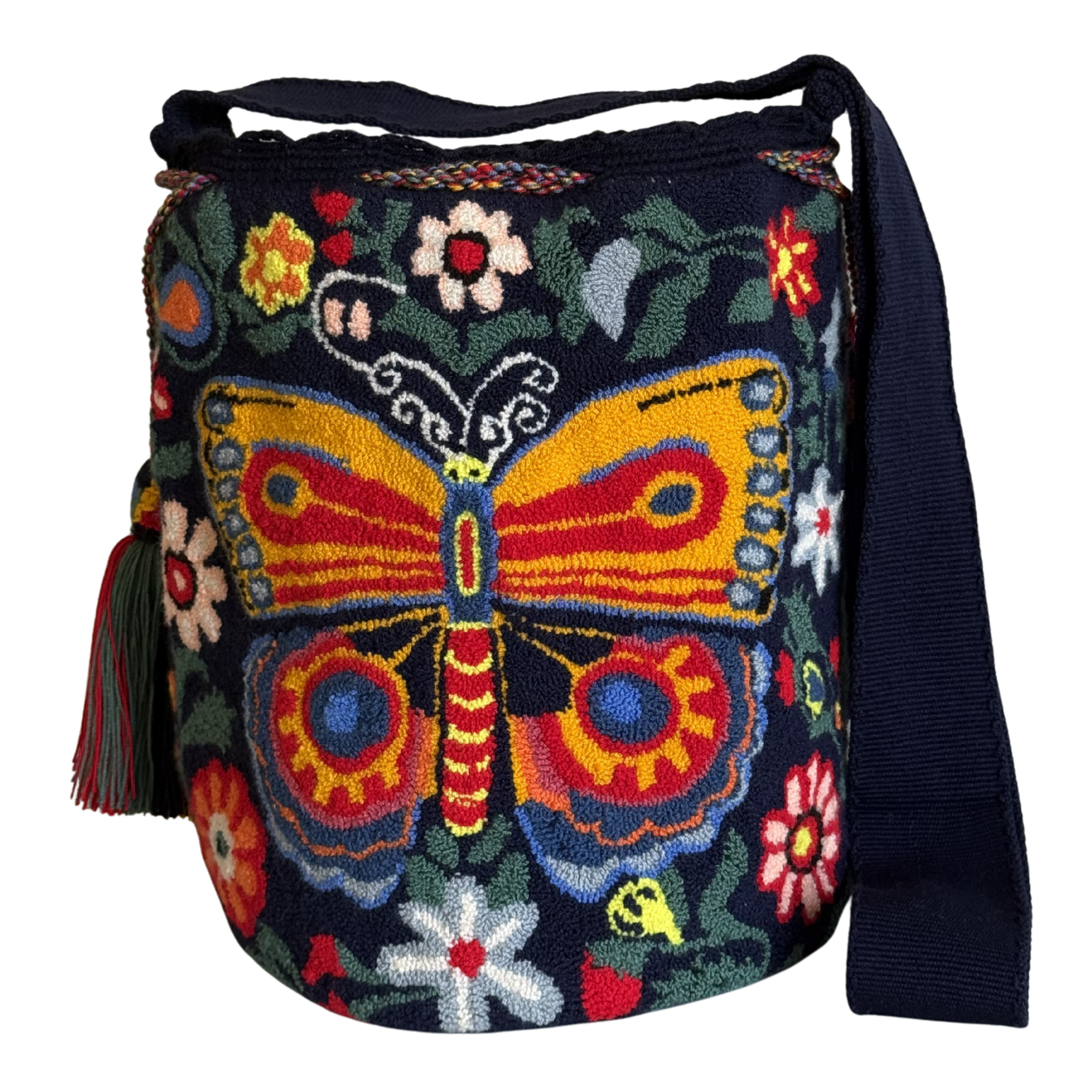Handmade Butterfly Garden Wayuu Bag – Artisan Crochet Crossbody Mochila with Floral Butterfly Design