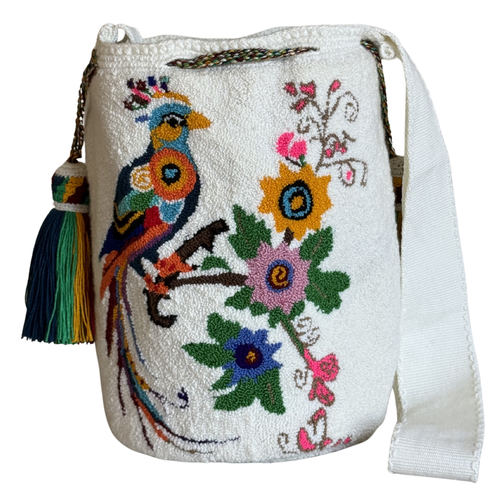 Handmade White Wayuu Bird & Floral Bag – Artisan Crochet Crossbody Mochila with Tropical Bird Design