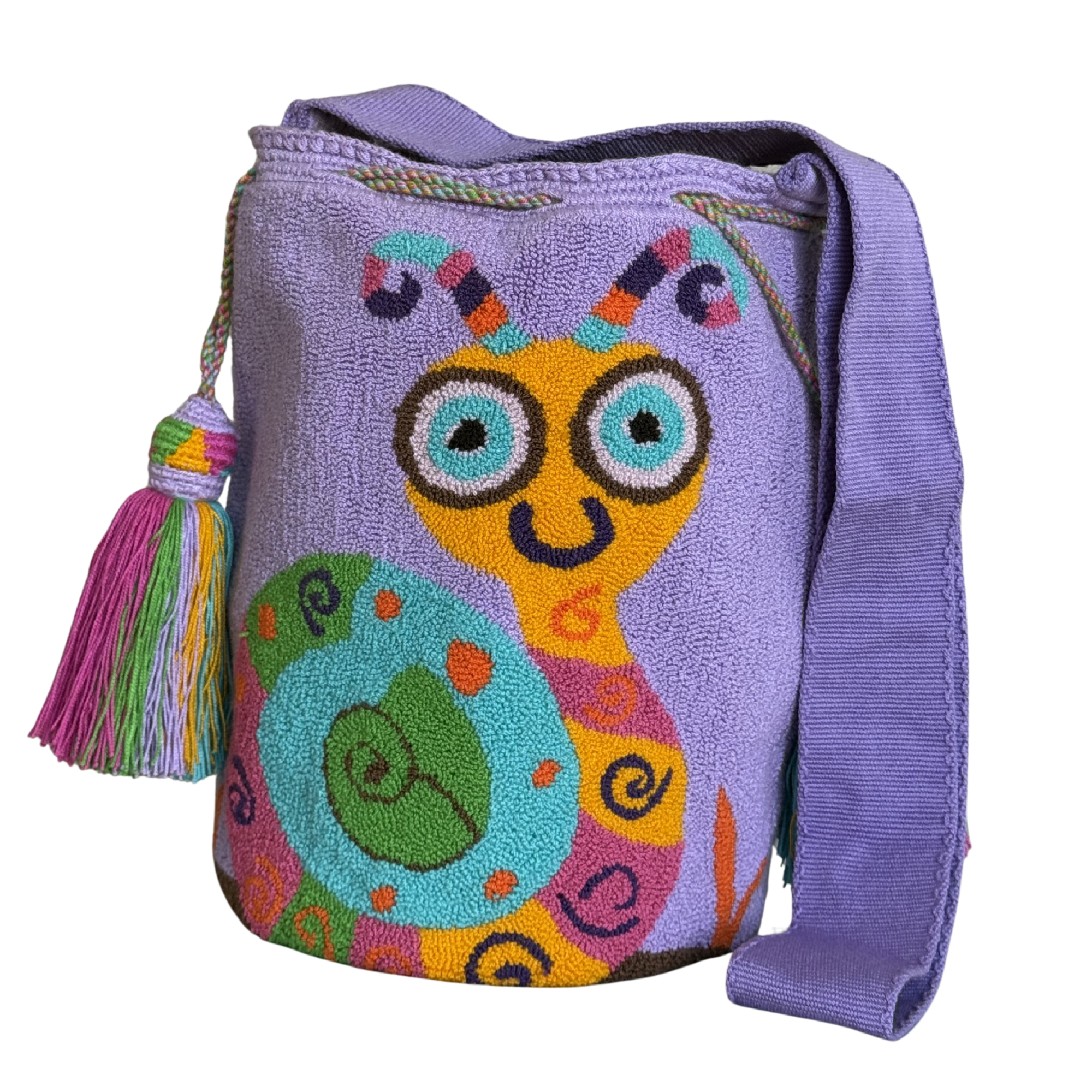Handmade Wayuu Snail Bag – Lavender Mochila Crossbody, Colorful Artisan Animal Design