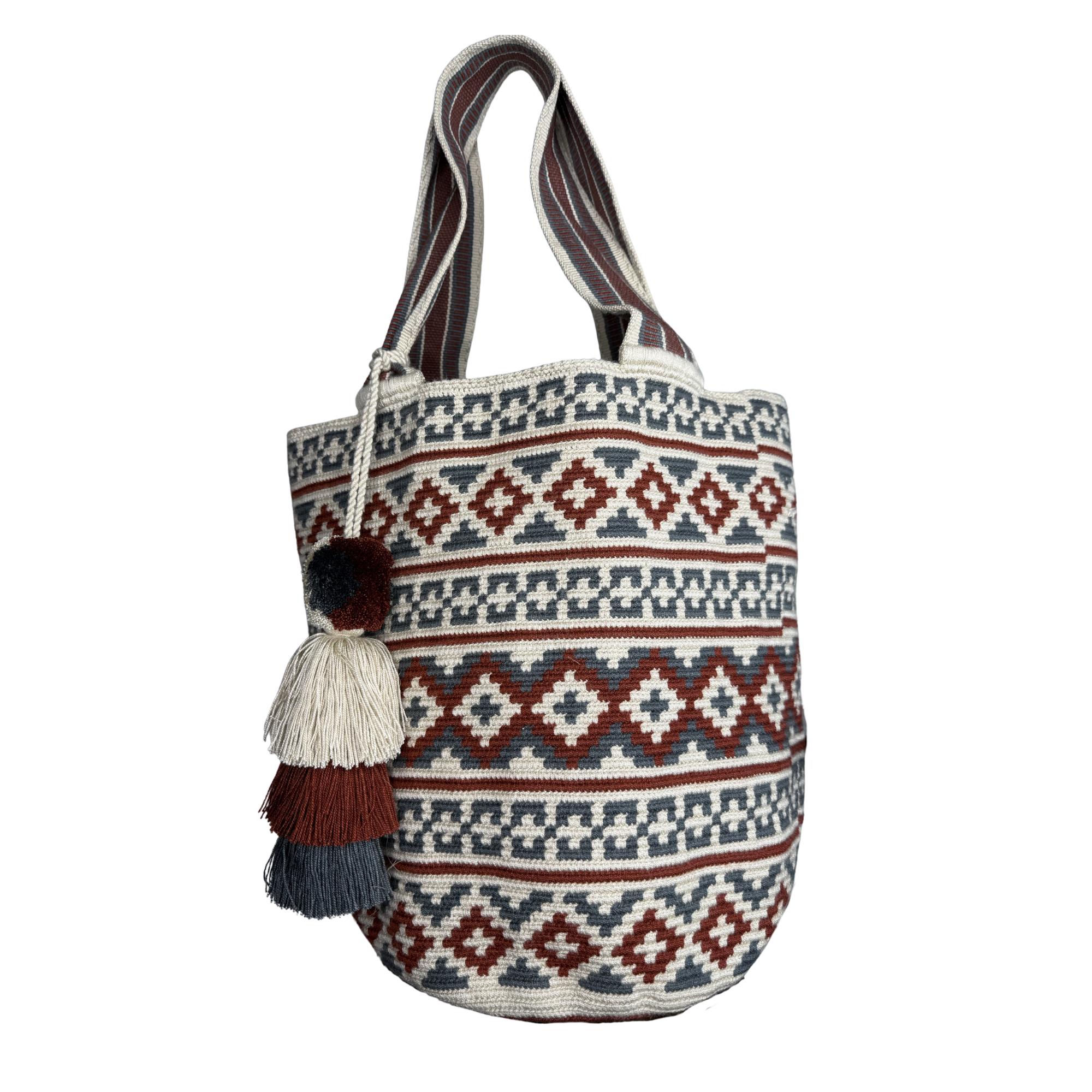 Handmade Wayuu Mochilón Tote – Geometric Earth Tone Crochet Shoulder Bag