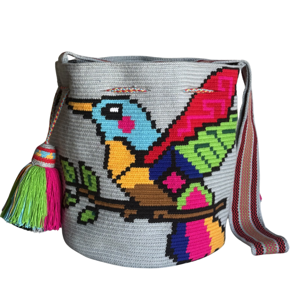 Handmade Wayuu Hummingbird Bag – Colorful Crochet Crossbody with Tropical Bird Design