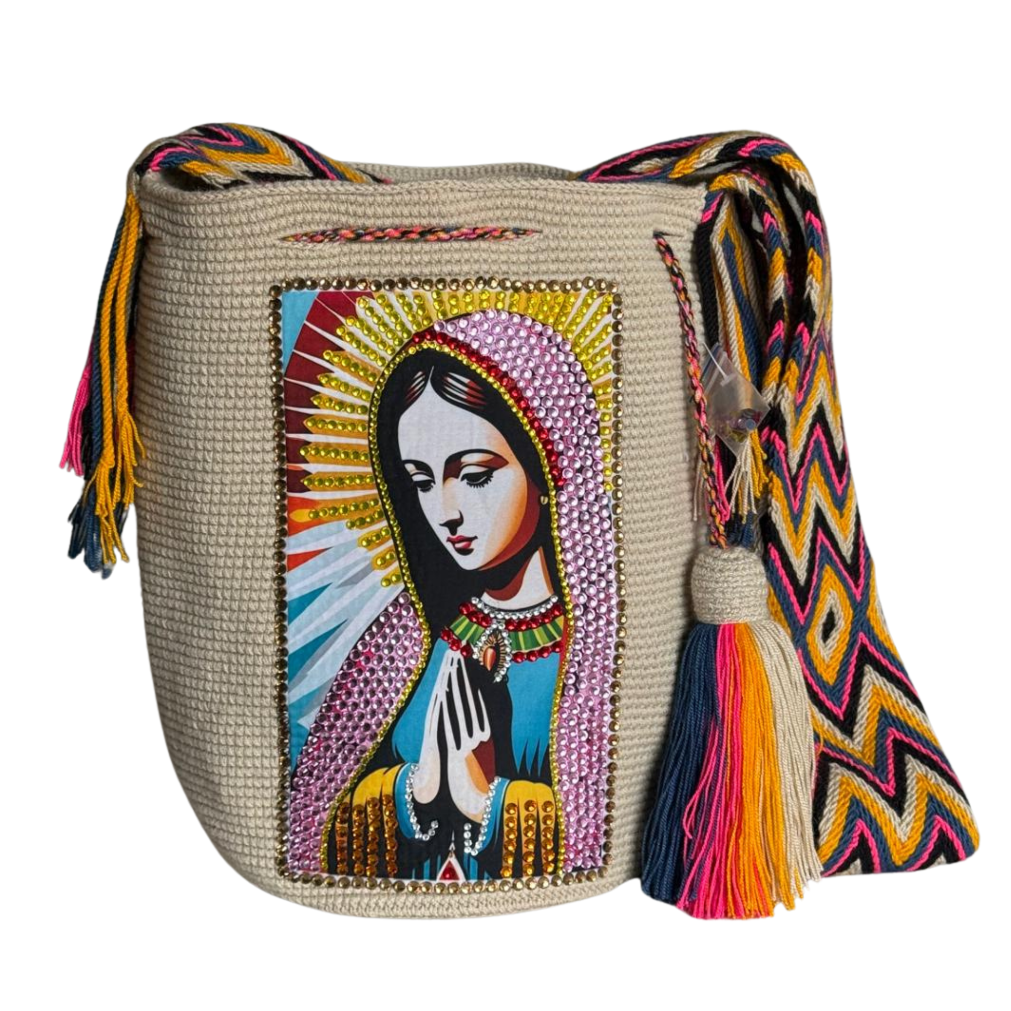 Handmade Crochet Virgin Mary Bag with Stonefix – Camel Brown Artisan Crossbody Mochila