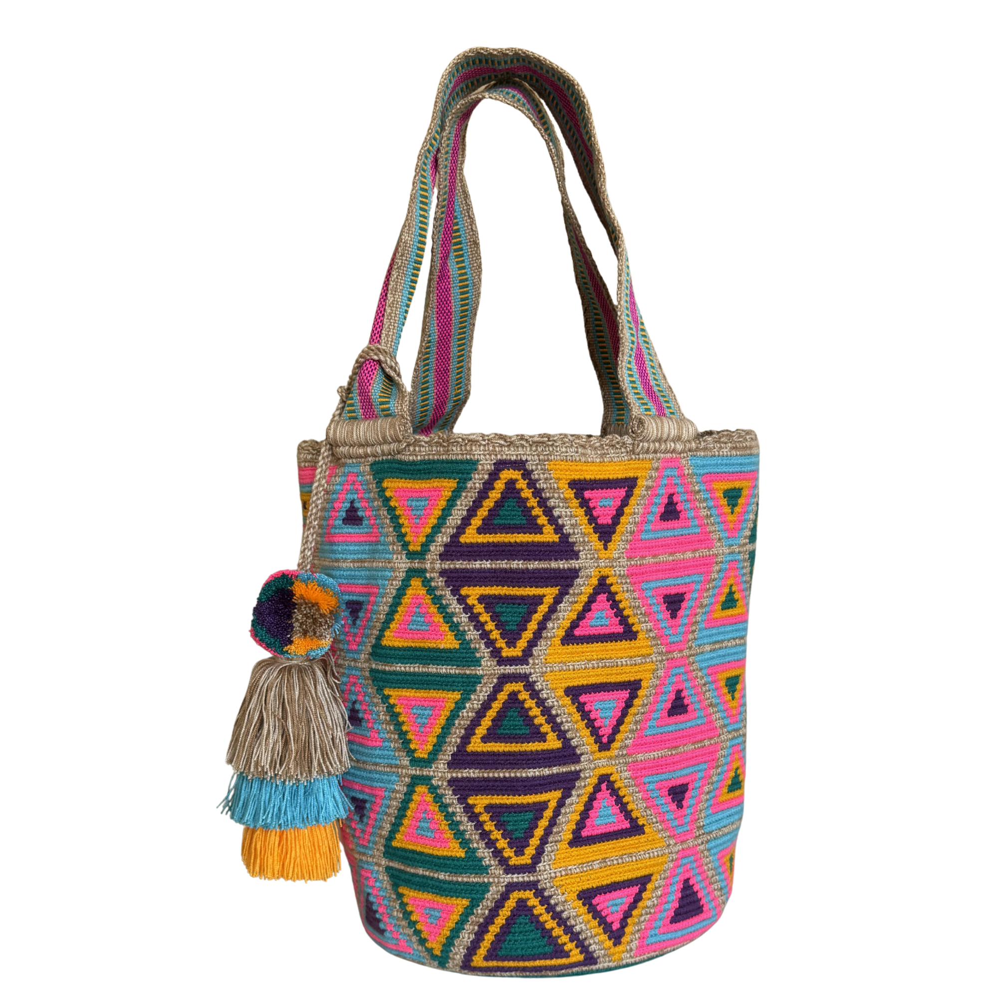 Handmade Wayuu Mochilón Tote – Geometric Earth Tone Crochet Shoulder Bag