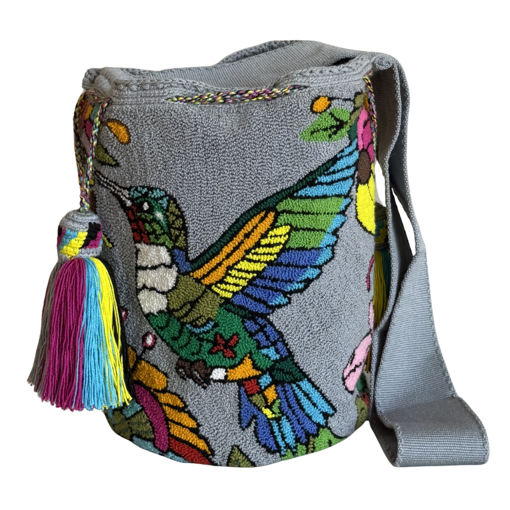 Handmade Hummingbird Wayuu Bag – Gray Artisan Crochet Crossbody Mochil