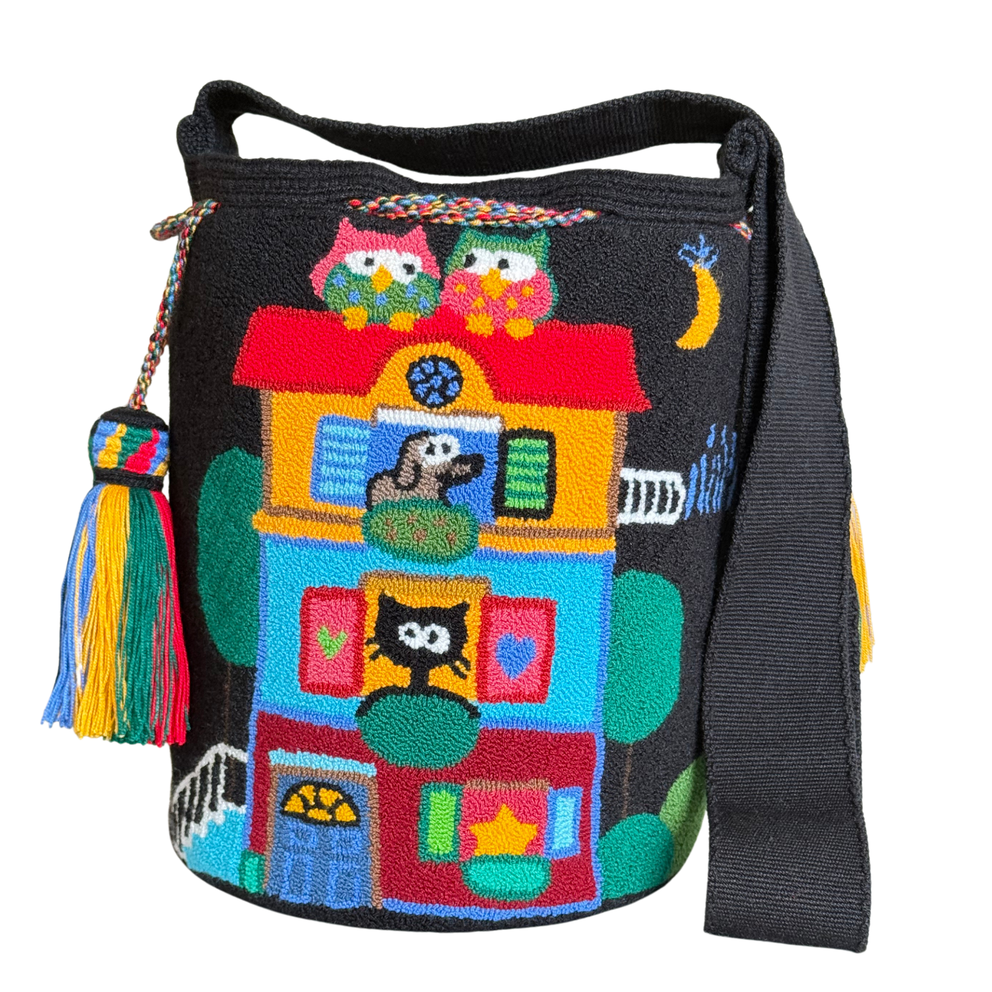 Handmade Wayuu Animal Scene Bag – Night Owl, Cat & Dog Mochila Crossbody, Artisan Woven Statement Bag