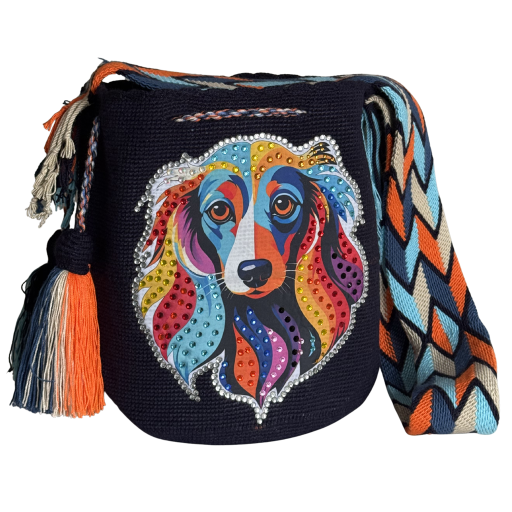 Handmade Crochet Dog Bag with Stonefix – Navy Blue Artisan Crossbody Mochila