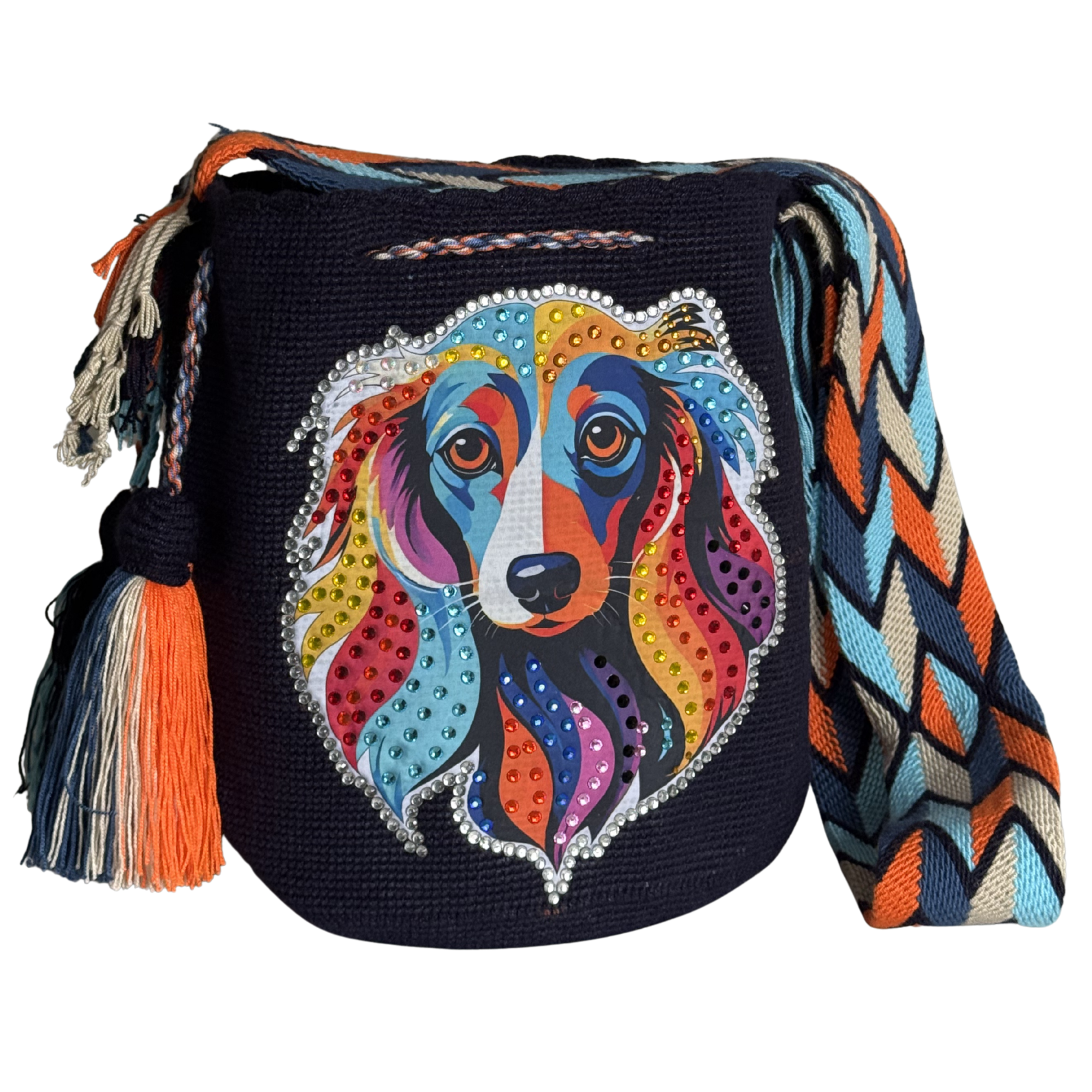 Handmade Crochet Dog Bag with Stonefix – Navy Blue Artisan Crossbody Mochila
