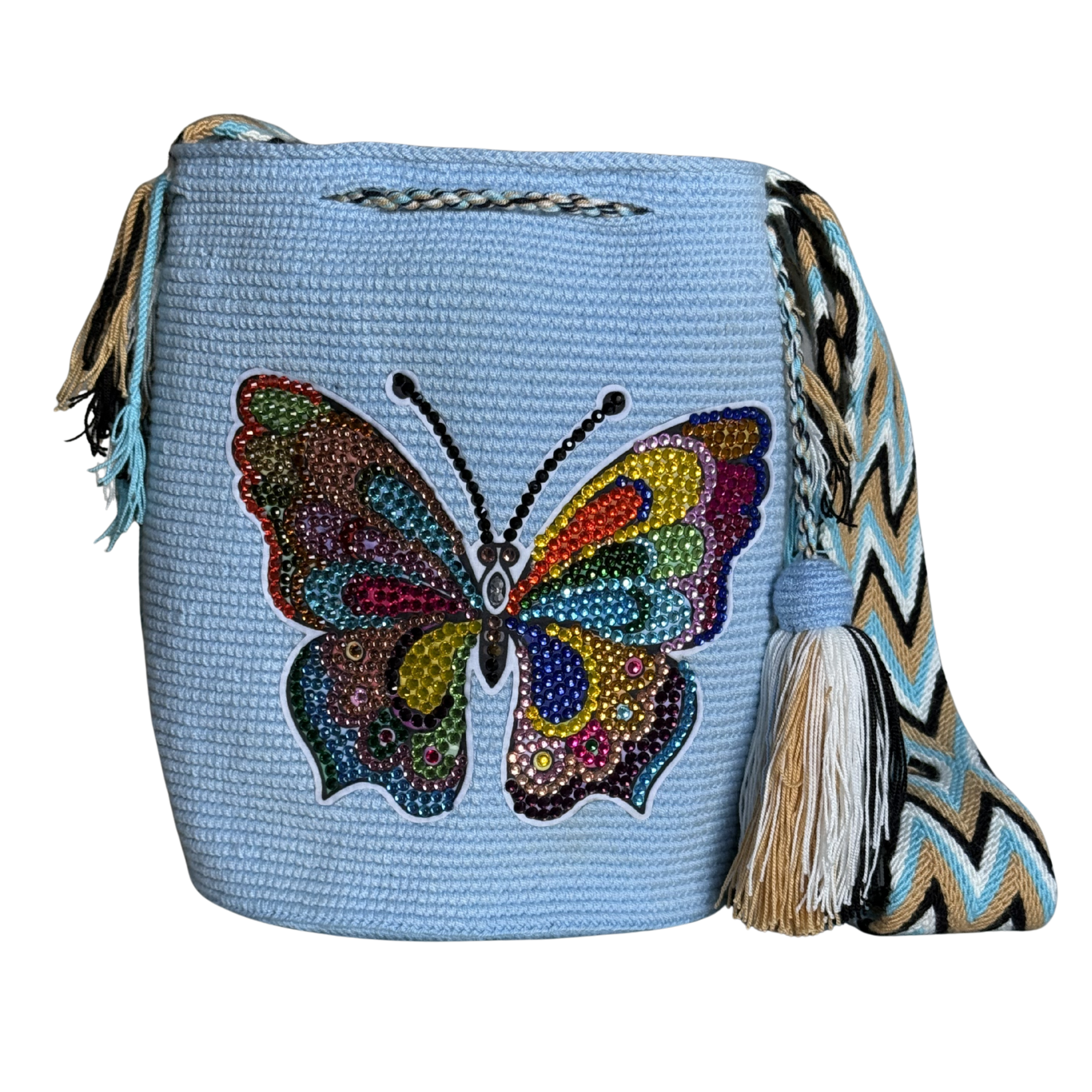 Handmade Beaded Butterfly Wayuu Crossbody Bag – Artisan Crochet Purse Collection with Crystal Embellished Butterfly Designs