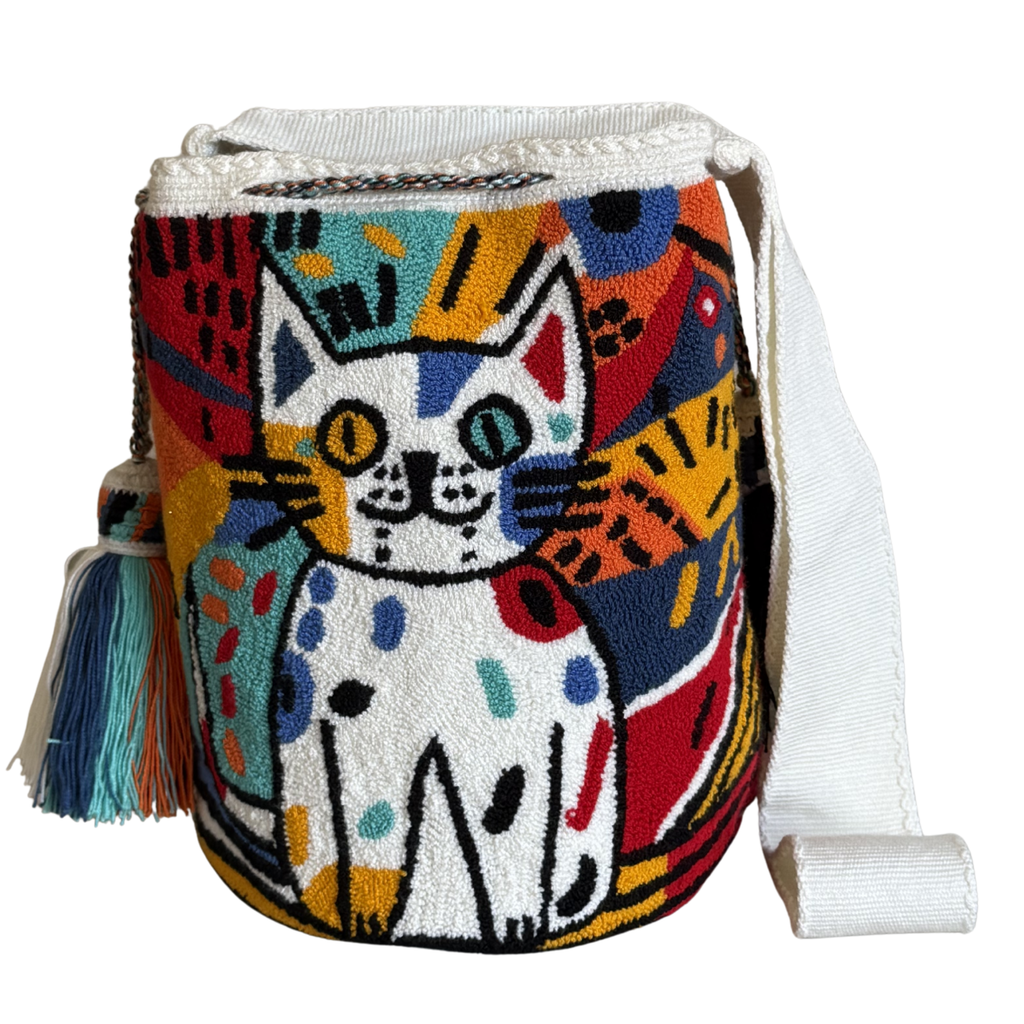 Handmade Cat Art Wayuu Crossbody Bag – Colorful Artisan Crochet Mochila Purse