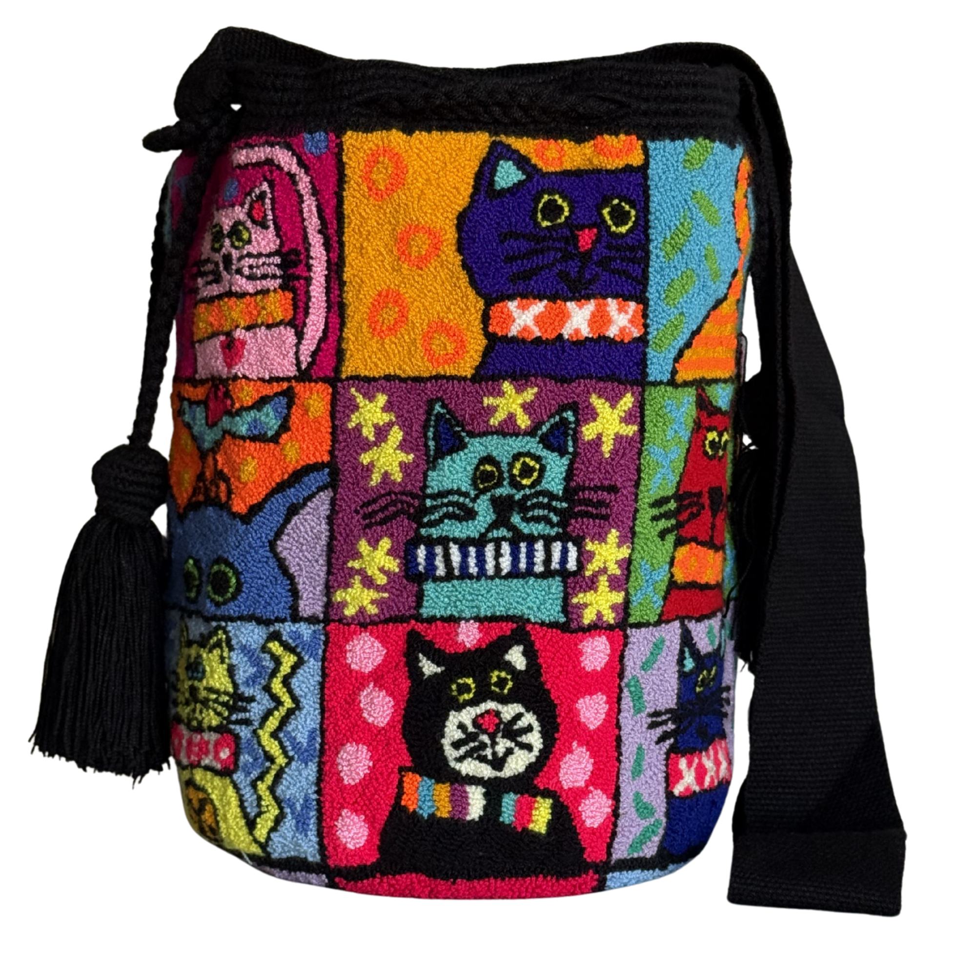 Handmade Wayuu Crossbody Bag – Colorful Cat Patchwork Design, Playful Artisan Shoulder Bag