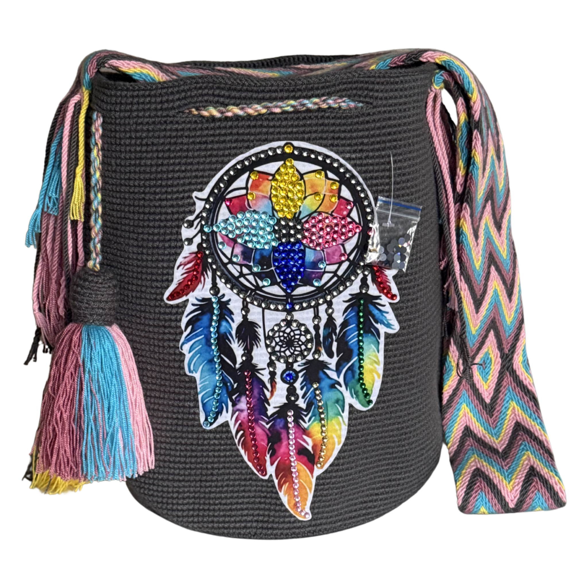 Beaded Dreamcatcher Wayuu Crossbody Bag – Handmade Crochet Bucket Purse