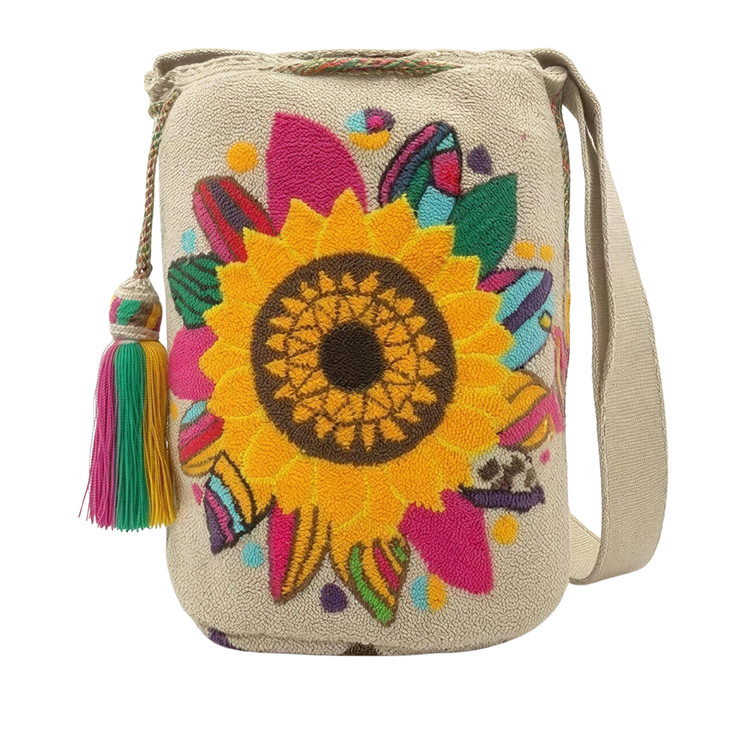Handmade Sunflower Wayuu Crossbody Bag – Floral Artisan Crochet Mochila Purse