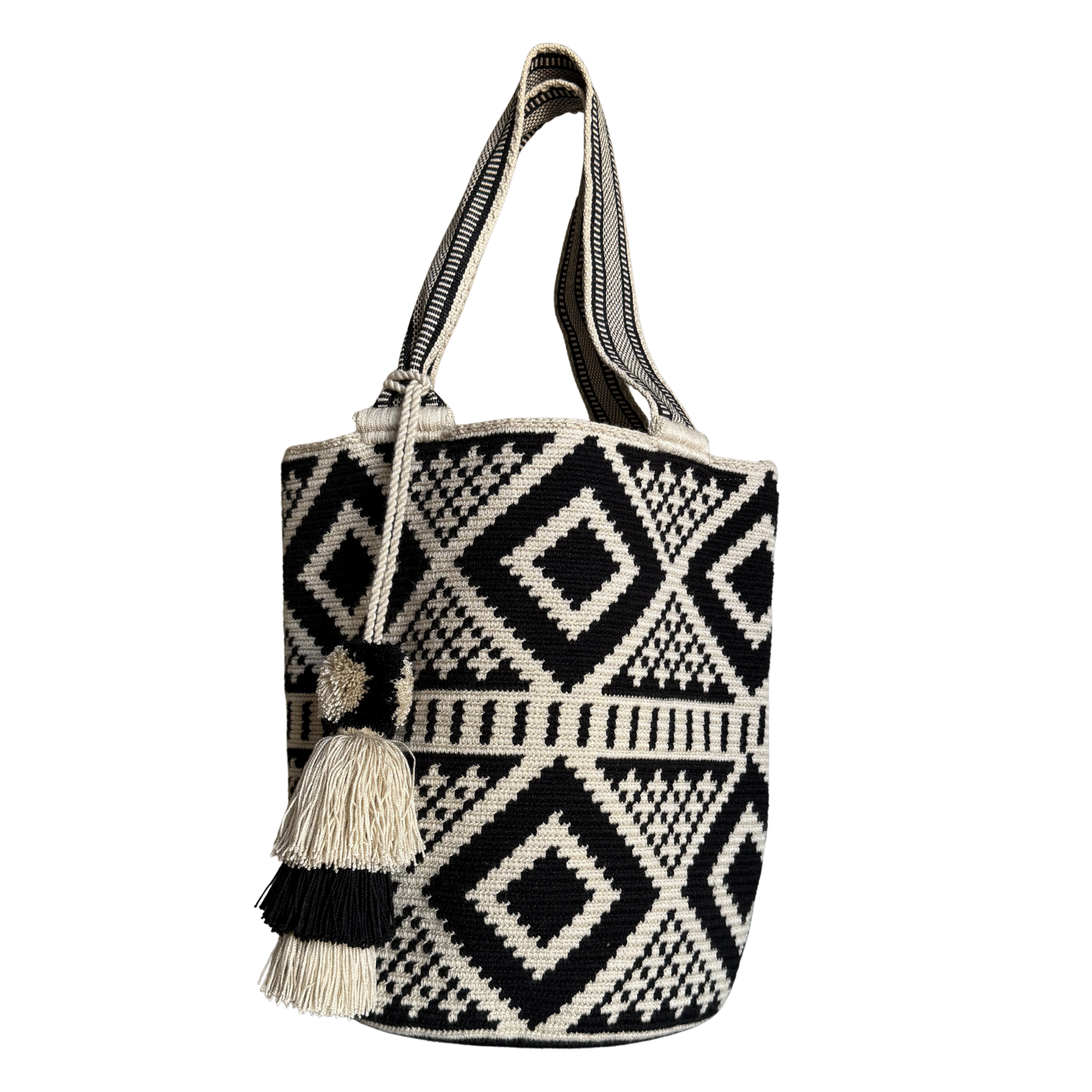 Handmade Wayuu Mochilón Tote – Black & White Geometric Bag, Artisan Shoulder Bag