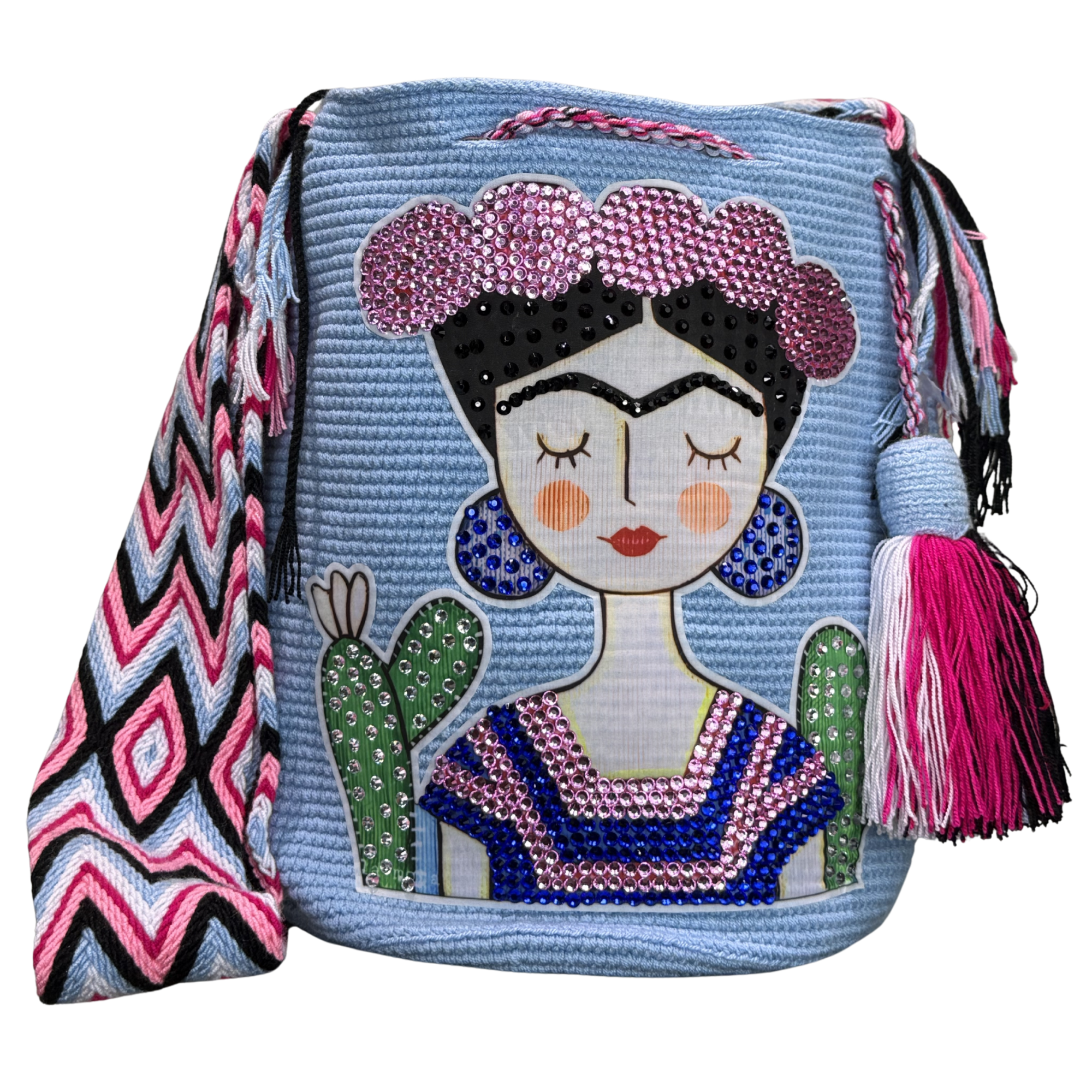 Handmade Crochet Girl Portrait Bag with Stonefix – Black Artisan Crossbody Mochila