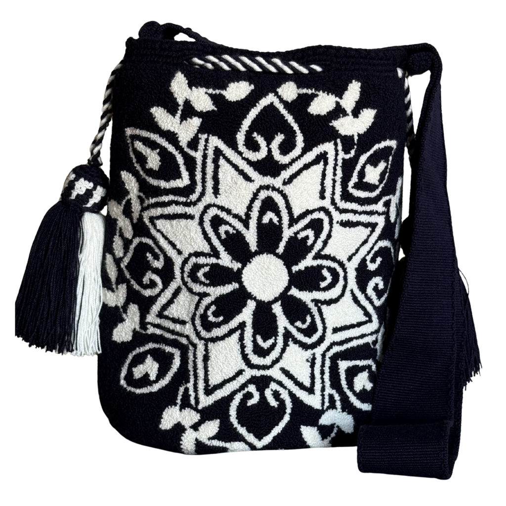 Handmade Wayuu Crossbody Bag – Black & Ivory Mandala Design, Artisan Shoulder Bag