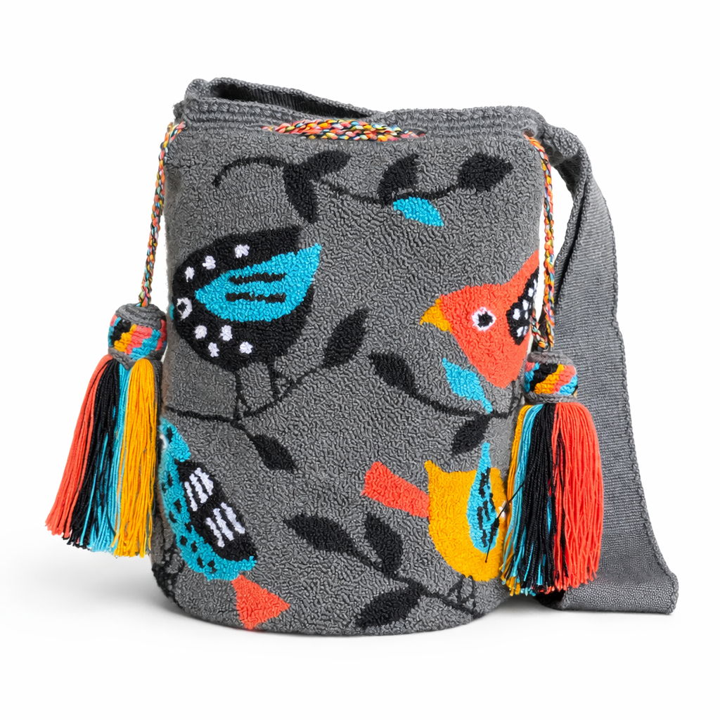 Handmade Wayuu Bird Bag – Gray Mochila Crossbody, Colorful Artisan Woven Statement Bag