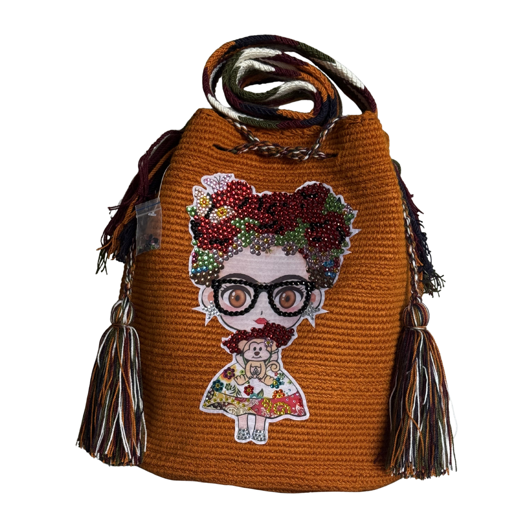 Handmade Crochet Girl Portrait Bag with Stonefix – Black Artisan Crossbody Mochila