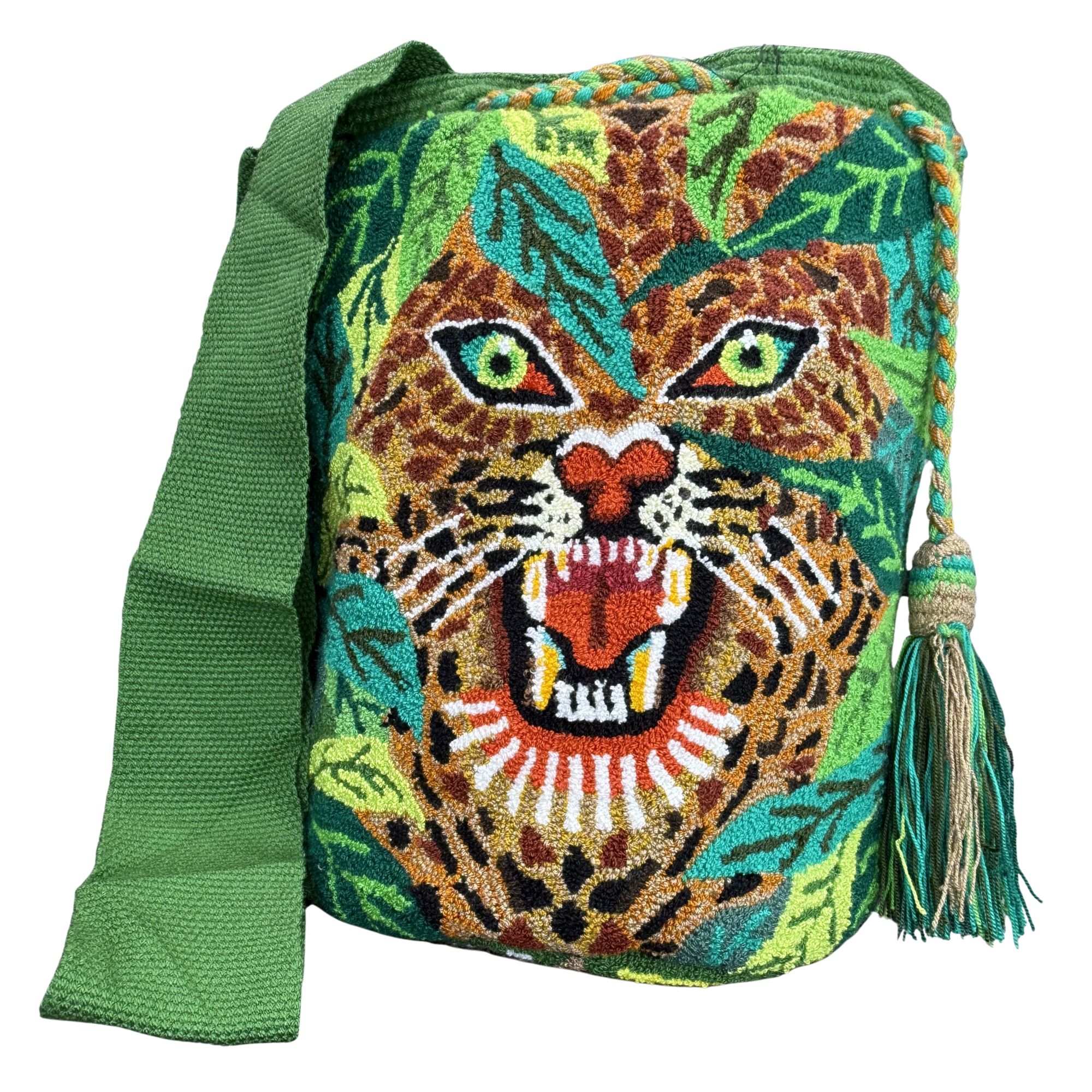 Jaguar Spirit Handmade Wayuu Mochila Bag – Jungle Embroidered Crossbody Purse