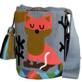 Handmade Wayuu Fox Bag – Minimal Animal Design Mochila, Gray Crossbody Artisan Bag