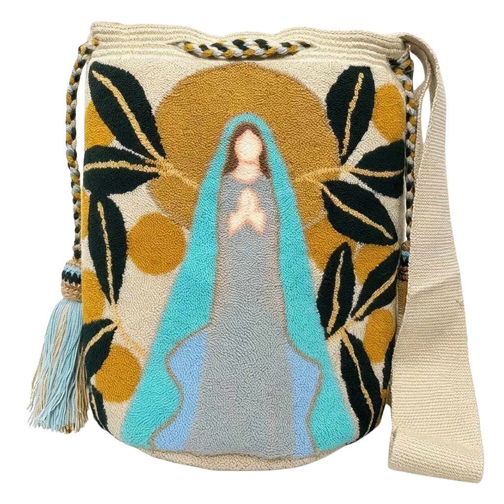 Handmade Virgin Mary Wayuu Crossbody Bag – Spiritual Artisan Crochet Mochila Purse