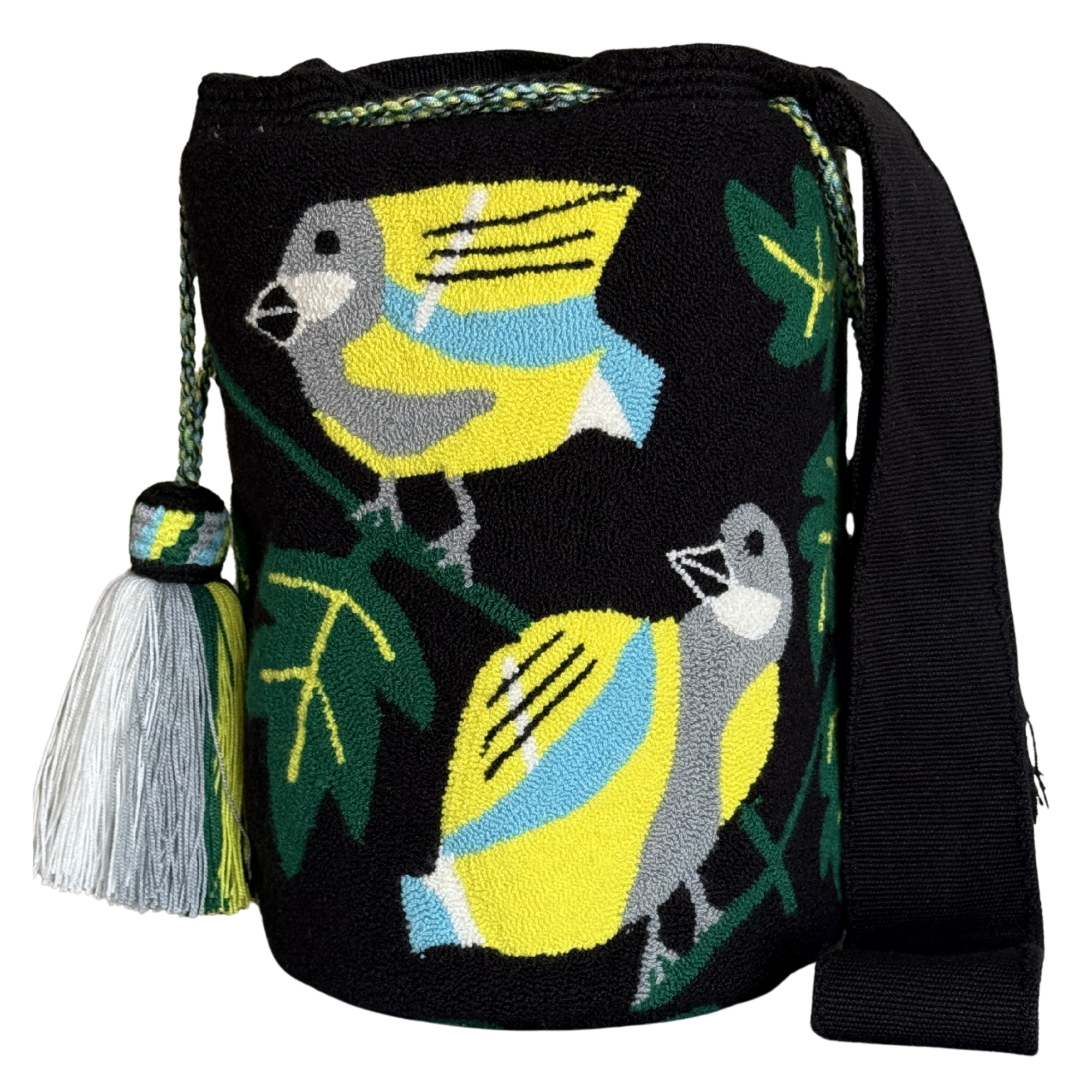 Handmade Wayuu Bird Bag – Yellow & Blue Birds Mochila Crossbody, Nature-Inspired Artisan Design