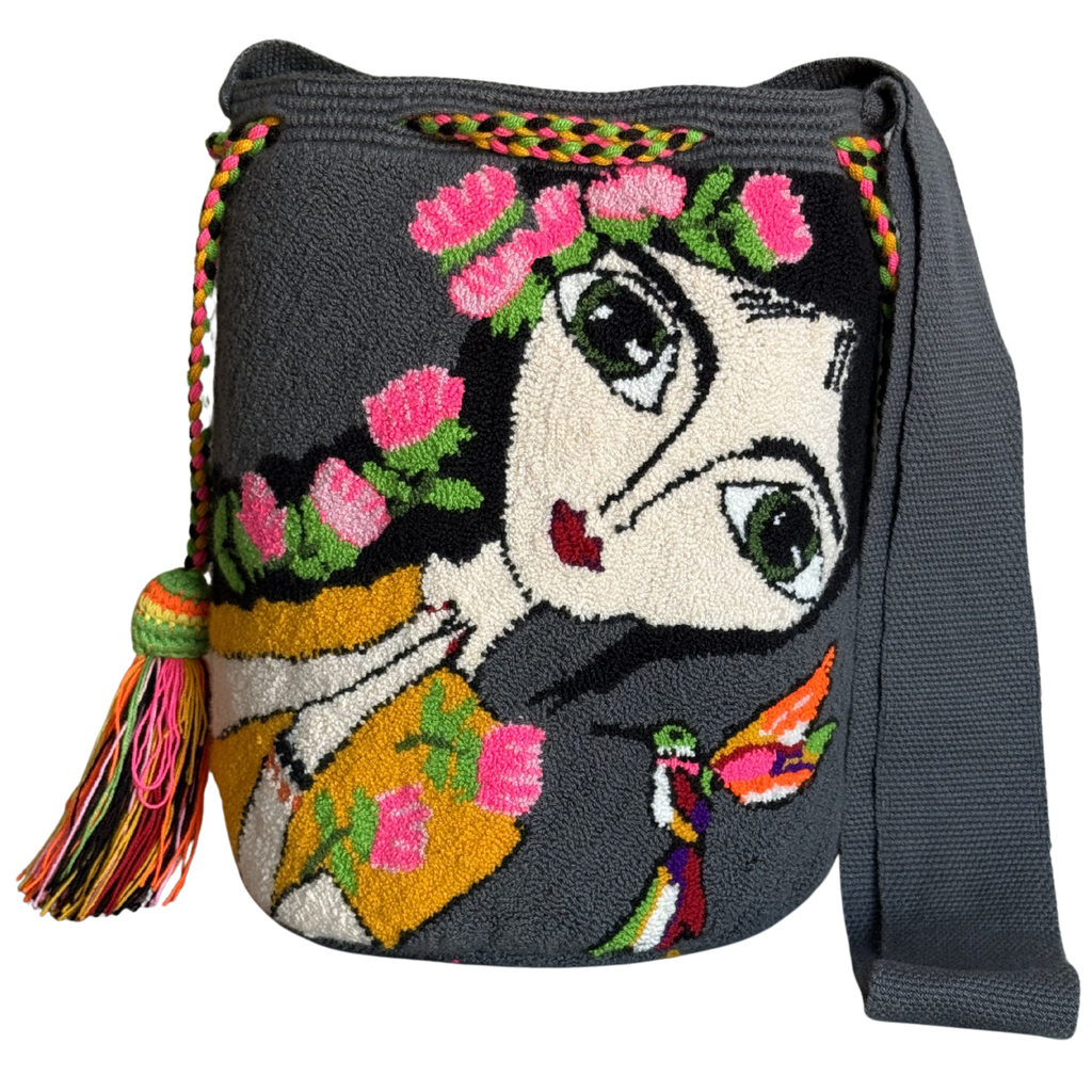 Handmade Wayuu Crossbody Bag – Frida-Inspired Portrait, Artistic Floral Shoulder Bag