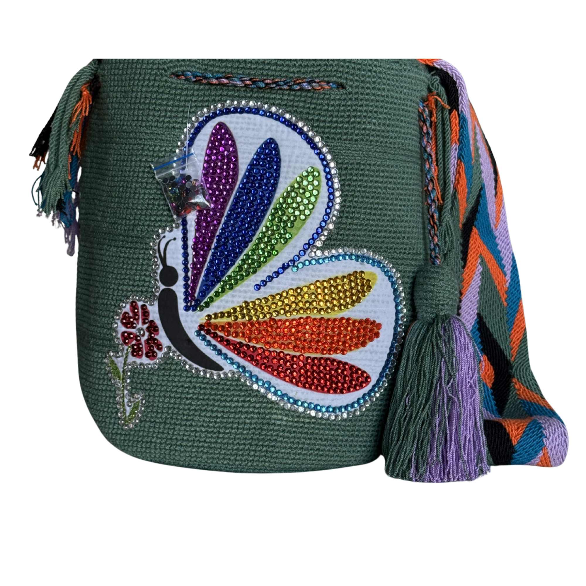 Handmade Beaded Butterfly Wayuu Crossbody Bag – Artisan Crochet Purse Collection with Crystal Embellished Butterfly Designs