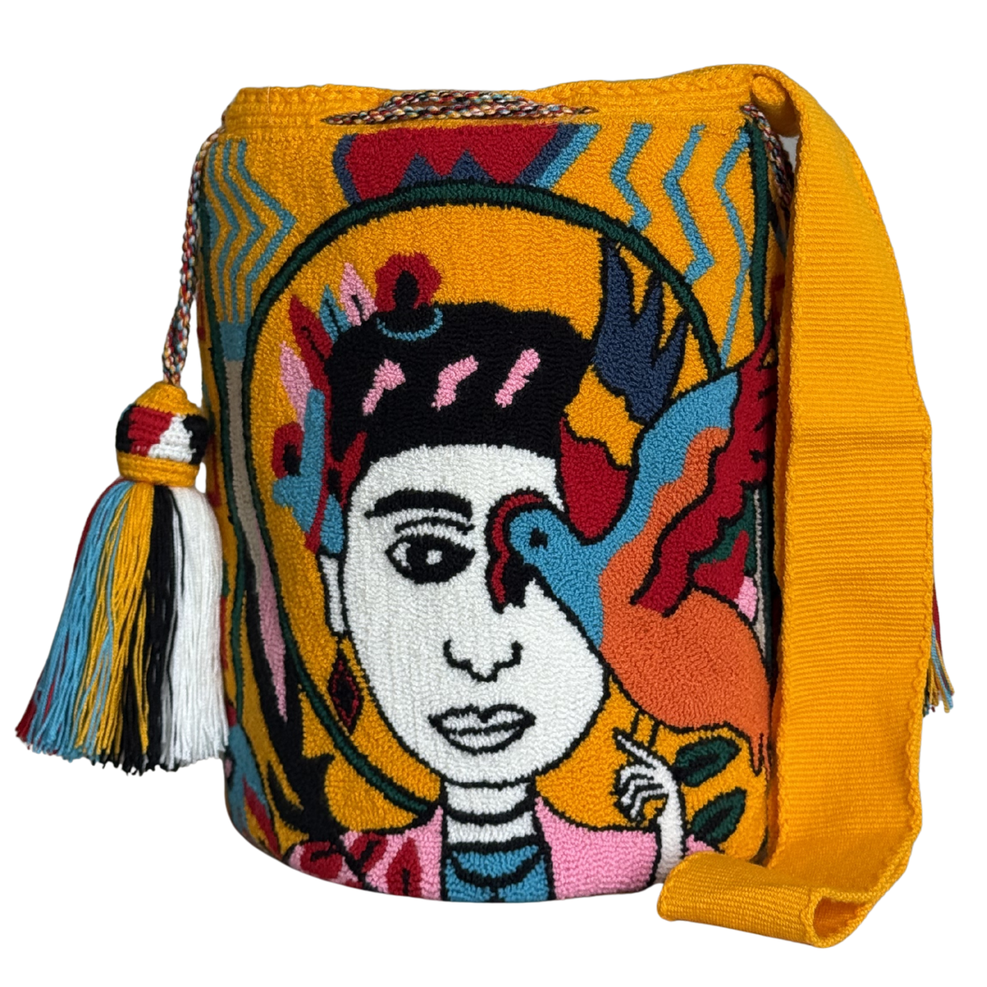 Handmade Wayuu Frida-Inspired Face Bag – Yellow Mochila Crossbody, Artistic Portrait Design