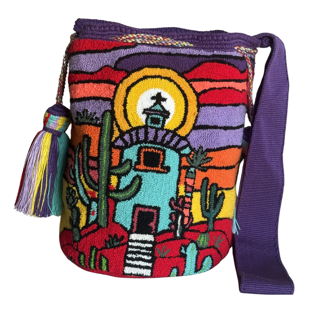 Handmade Desert Chapel Wayuu Bag – Southwestern Sunset Crochet Crossbody Mochila