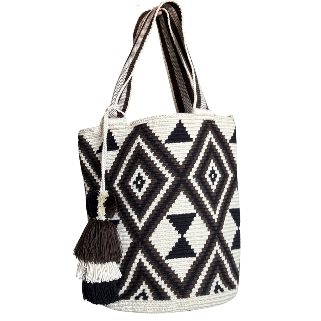 Handmade Wayuu Mochilón Bag – Large Black & White Geometric Tote, Artisan Shoulder Bag