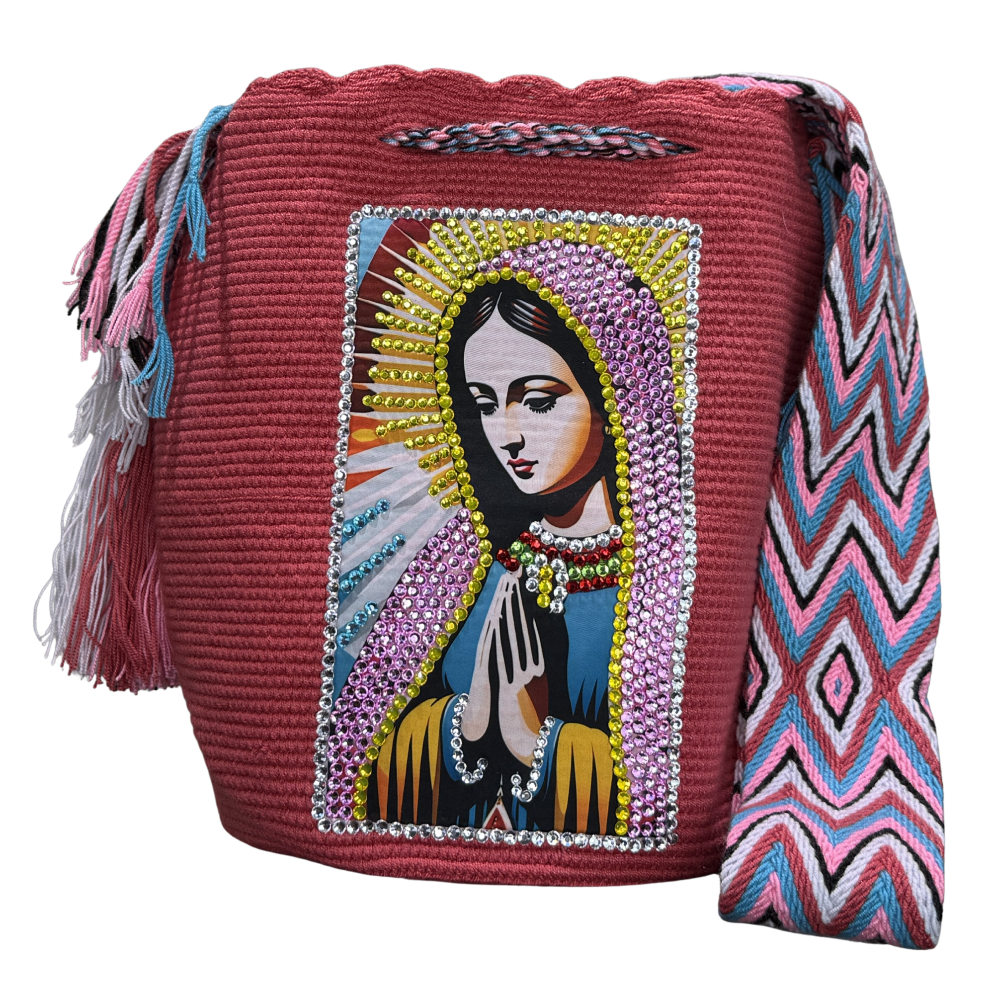 Handmade Crochet Virgin Mary Bag with Stonefix – Camel Brown Artisan Crossbody Mochila