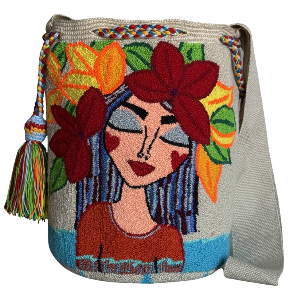 Handmade Wayuu Crossbody Bag – Floral Woman Portrait, Colorful Artisan Shoulder Bag