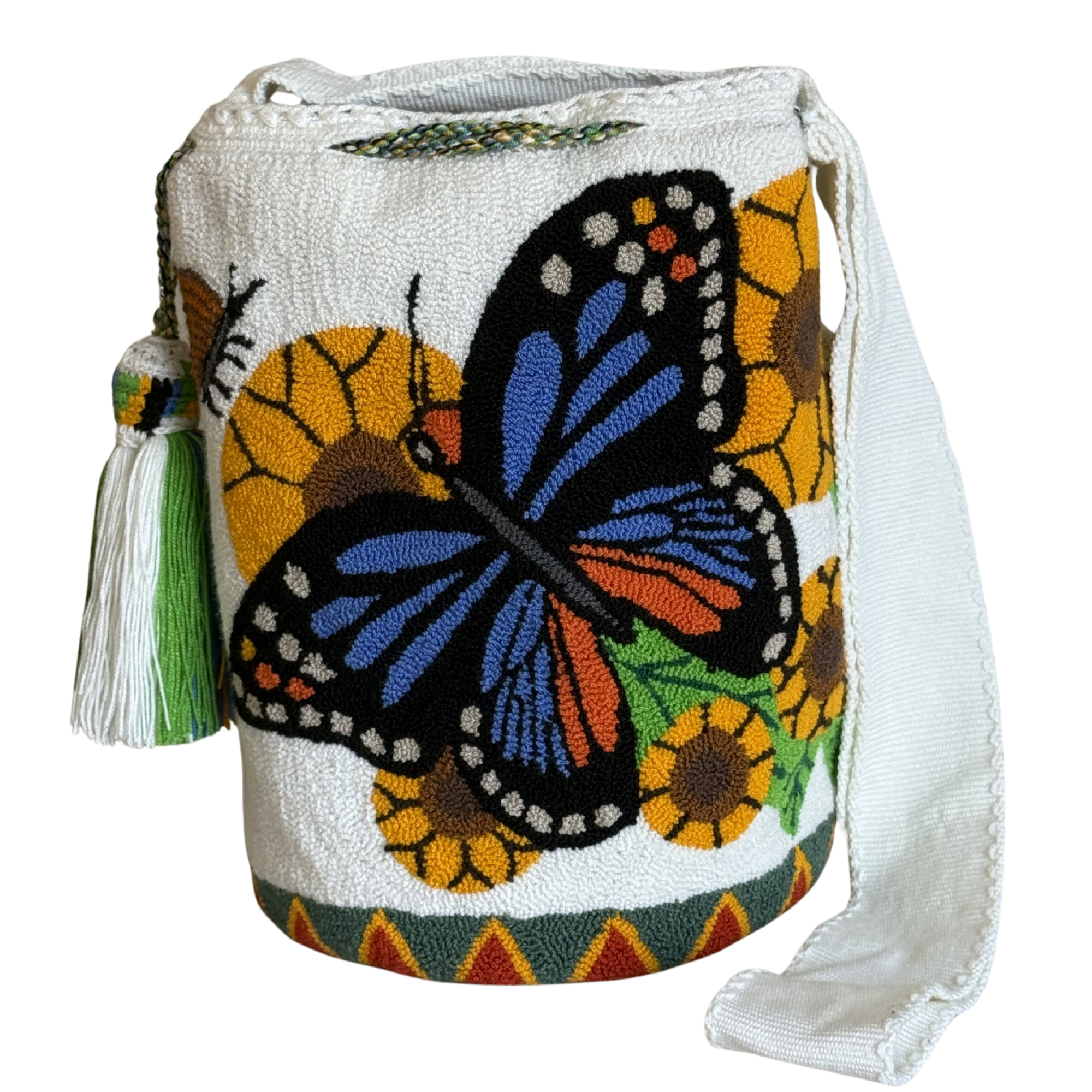 Handmade Monarch Butterfly Wayuu Bag – Sunflower Artisan Crochet Crossbody Mochila