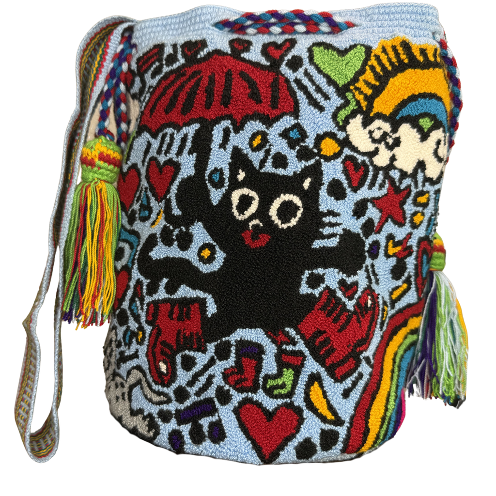 Lucky Black Cat Handmade Wayuu Mochila Bag – Whimsical Artisan Crossbody Purse