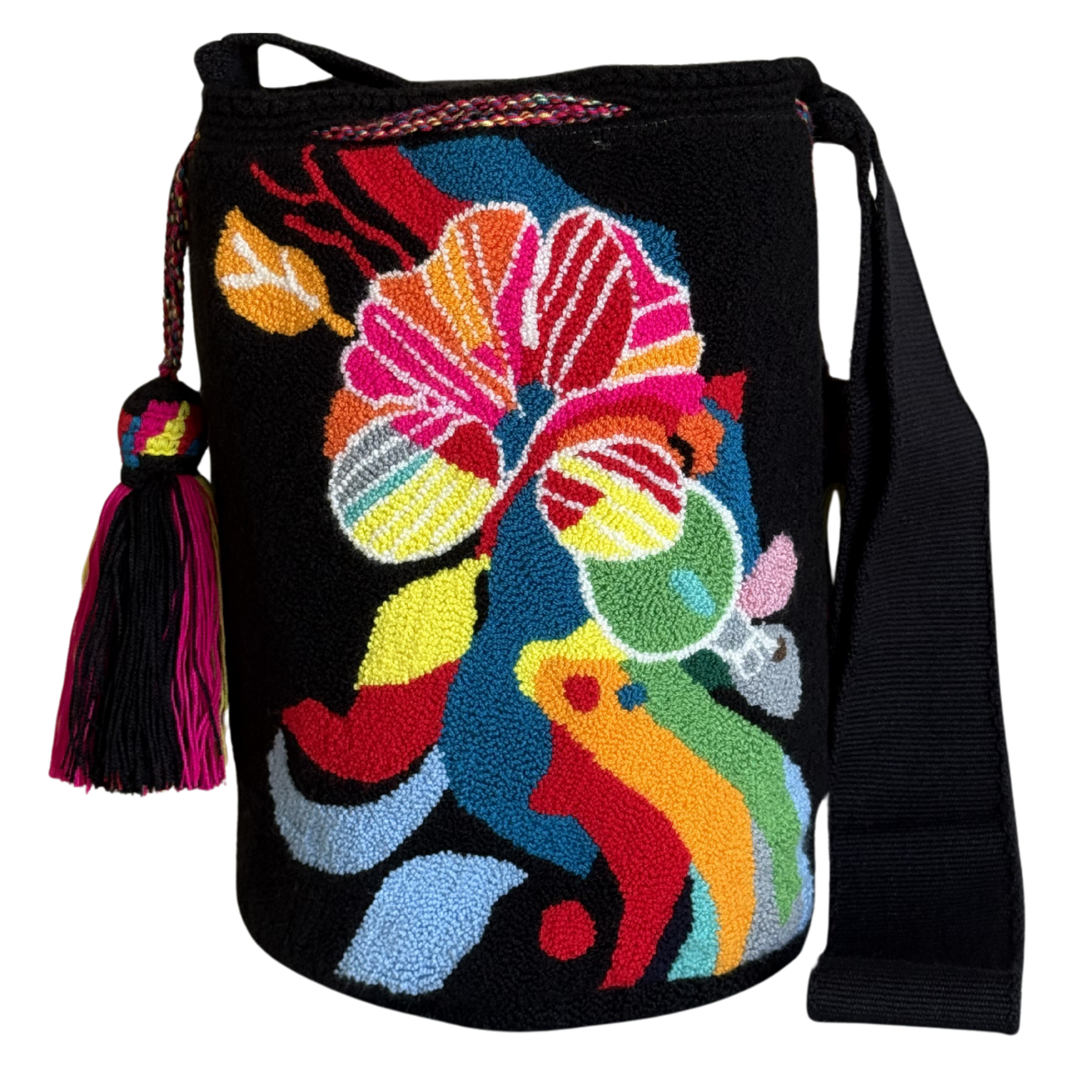 Handmade Tropical Bloom Wayuu Bucket Bag – Colorful Artisan Floral Crochet Crossbody