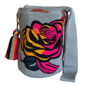 Handmade Rose Wayuu Bucket Bag – Artisan Floral Crochet Crossbody Purse in Gray & Fuchsia