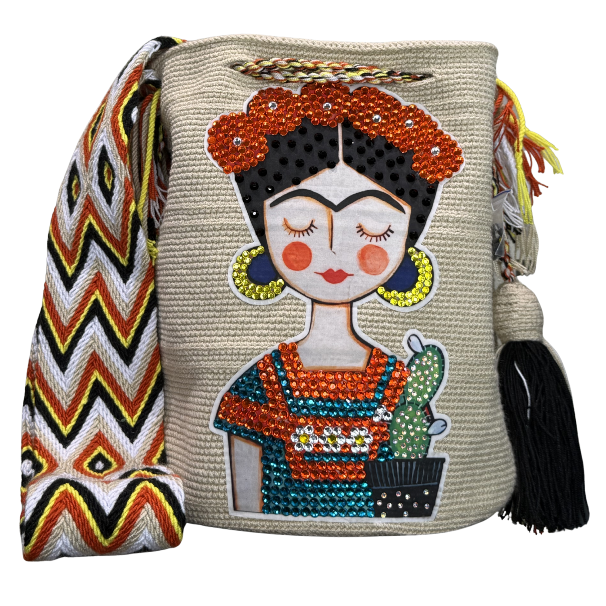 Handmade Crochet Girl Portrait Bag with Stonefix – Black Artisan Crossbody Mochila