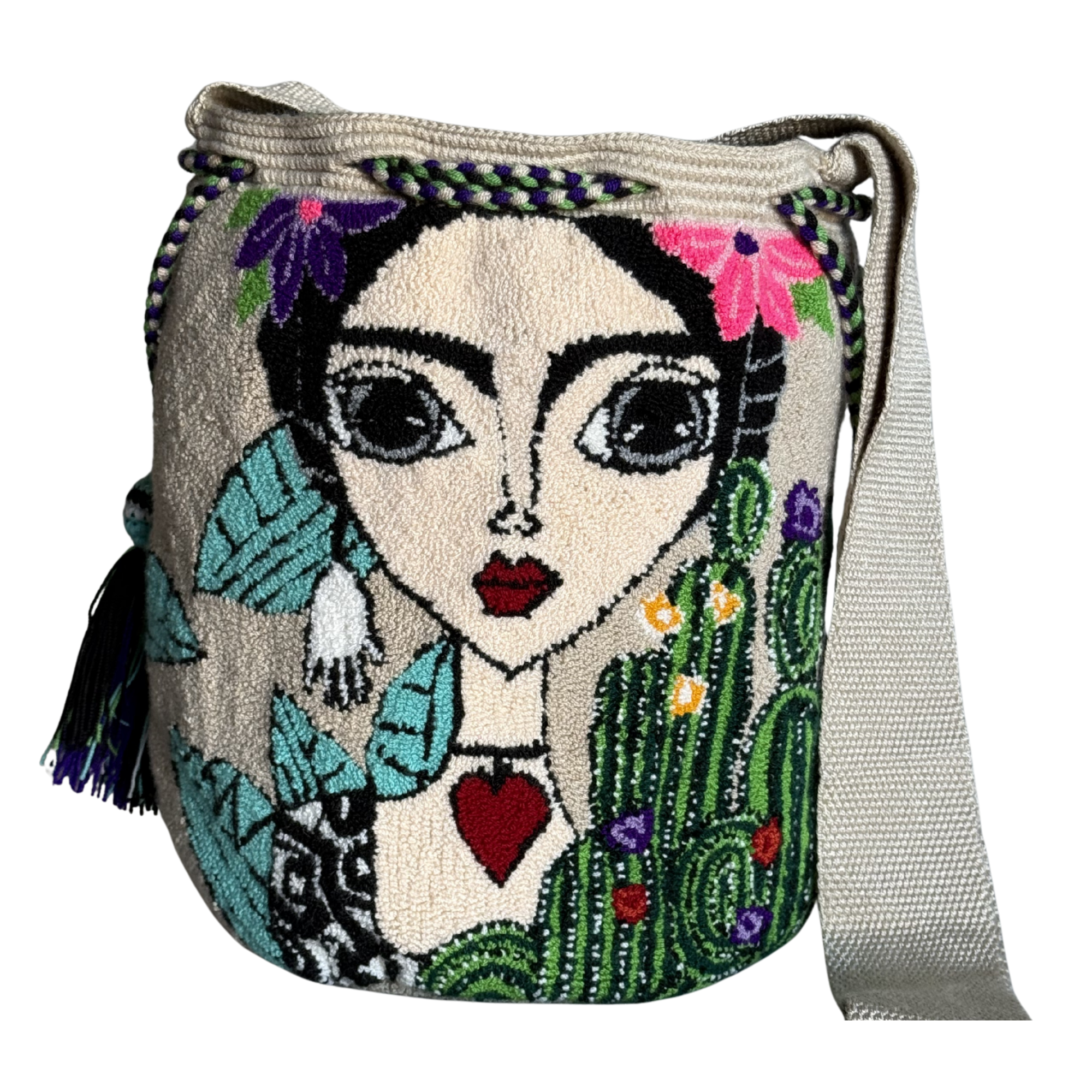 Handmade Wayuu Crossbody Bag – Frida-Inspired Desert Portrait, Artisan Boho Shoulder Bag